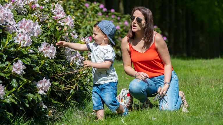 Visitors in the garden, looking at flowers at Wentworth Castle Gardens, South Yorkshire